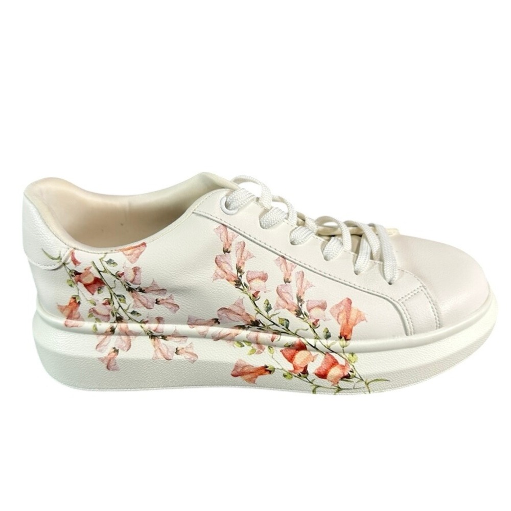 Aldo Womens White Floral Print Platform Low Top Sneakers Lace Up Size 7.5